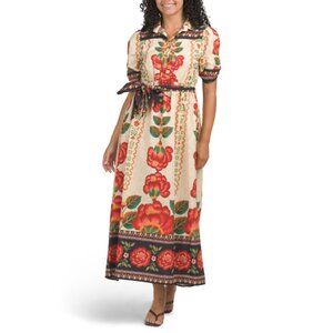 CELINA MOON Cream/red Short Sleeve Floral Print Maxi Dress With Belt